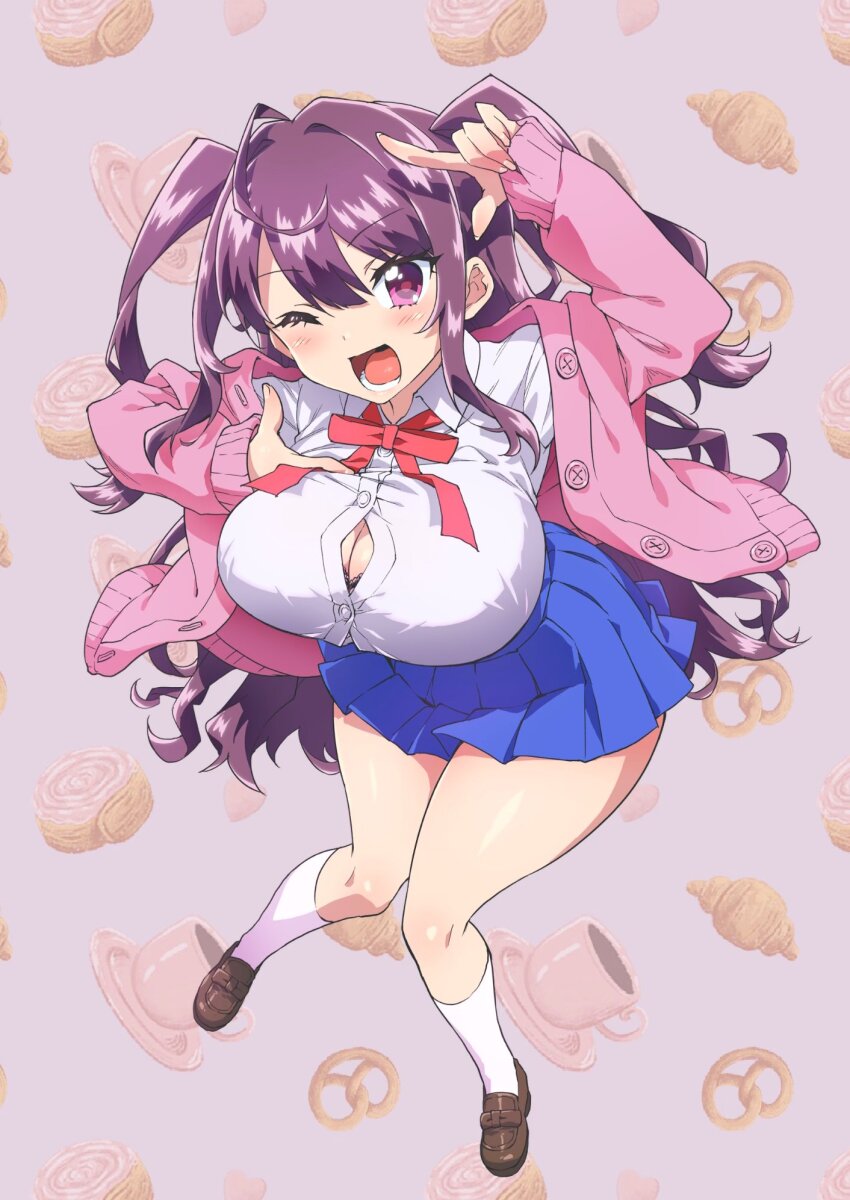 1girl, :d, ahoge, artist_request, blue_skirt, bra, bra_peek, breasts, brown_shoes, button_gap, buttons, cardigan, check_artist, cinnamon_roll, collared_shirt, commentary_request, croissant, cup, curvy, dress_shirt, finger_frame, food, food-themed_background, full_body, hair_between_eyes, hand_gesture, hase_rinon, highres, huge_breasts, knees_together_feet_apart, lace, lace-trimmed_bra, lace_trim, loafers, long_hair, looking_at_viewer, lower_teeth_only, miniskirt, mucha_(muchakai), neck_ribbon, one_eye_closed, open_cardigan, open_clothes, open_mouth, pink_cardigan, pleated_skirt, pretzel, purple_eyes, purple_hair, quaso_(meme), red_ribbon, ribbon, rinon_hase, school_uniform, shirt, shirt_tucked_in, shoes, skirt, smile, socks, solo, standing, tama_project, teeth, third-party_source, two_side_up, underwear, virtual_youtuber, white_shirt, white_socks, wide_hips