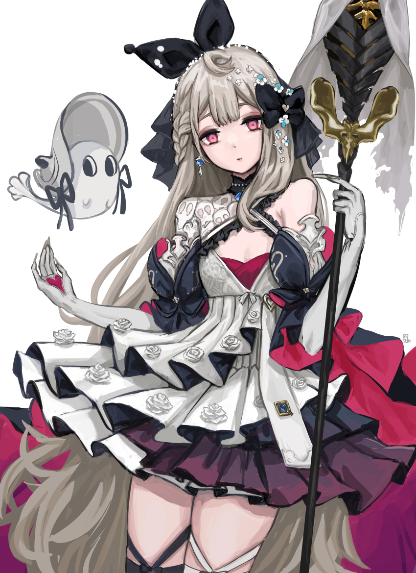 1girl, absurdly_long_hair, absurdres, asymmetrical_legwear, black_eyeshadow, black_hairband, black_ribbon, black_sleeves