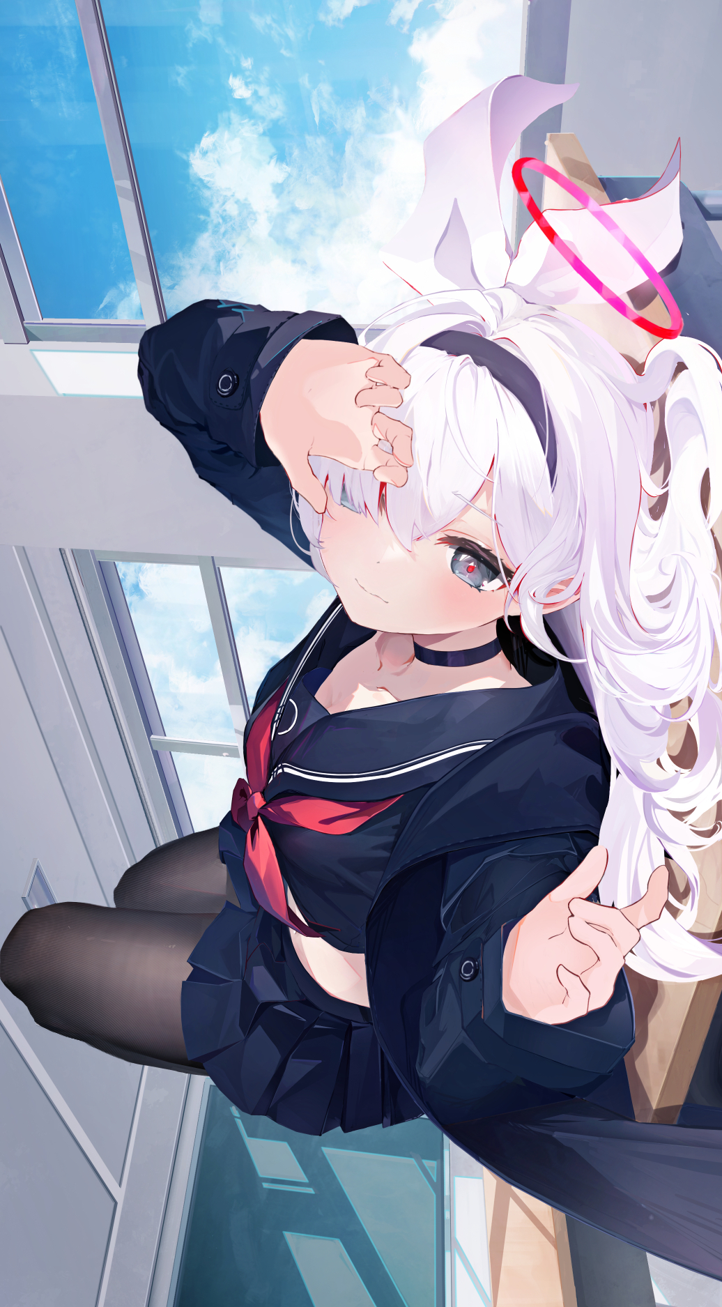 1girl, 999kun, black_choker, black_coat, black_eyes, black_hairband, black_pantyhose, black_sailor_collar, black_serafuku, black_shirt, black_skirt, blue_archive, blue_sky, blush, breasts, choker, closed_mouth, cloud, cloudy_sky, coat, collarbone, commentary, facing_viewer, hair_over_one_eye, hair_ribbon, hairband, halo, hand_on_forehead, highres, indoors, long_hair, long_sleeves, looking_afar, lying, medium_breasts, midriff_peek, neckerchief, on_back, on_table, one_eye_covered, open_clothes, open_coat, pantyhose, plana_(blue_archive), pleated_skirt, red_halo, red_neckerchief, ribbon, sailor_collar, school_uniform, serafuku, shirt, skirt, sky, solo, table, white_hair, white_ribbon