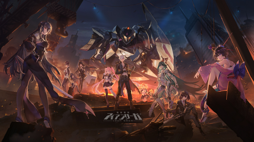 3boys, 6+girls, becas_shannam_(iron_saga), black_hair, blonde_hair, building, criin_(659503), cruz_(iron_saga)