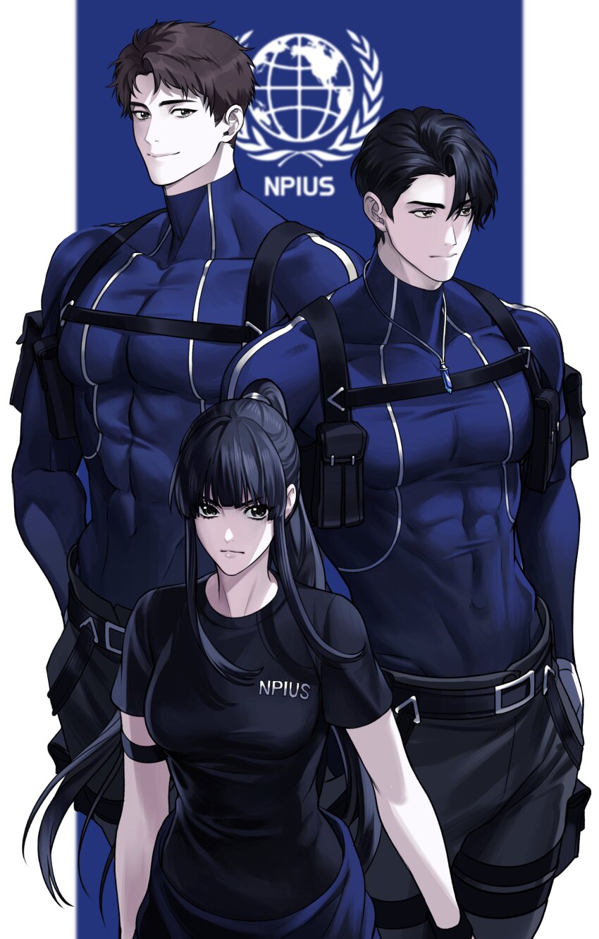 1girl, 2boys, abs, absurdres, baek_ae-young, black_eyes, black_hair, black_shirt