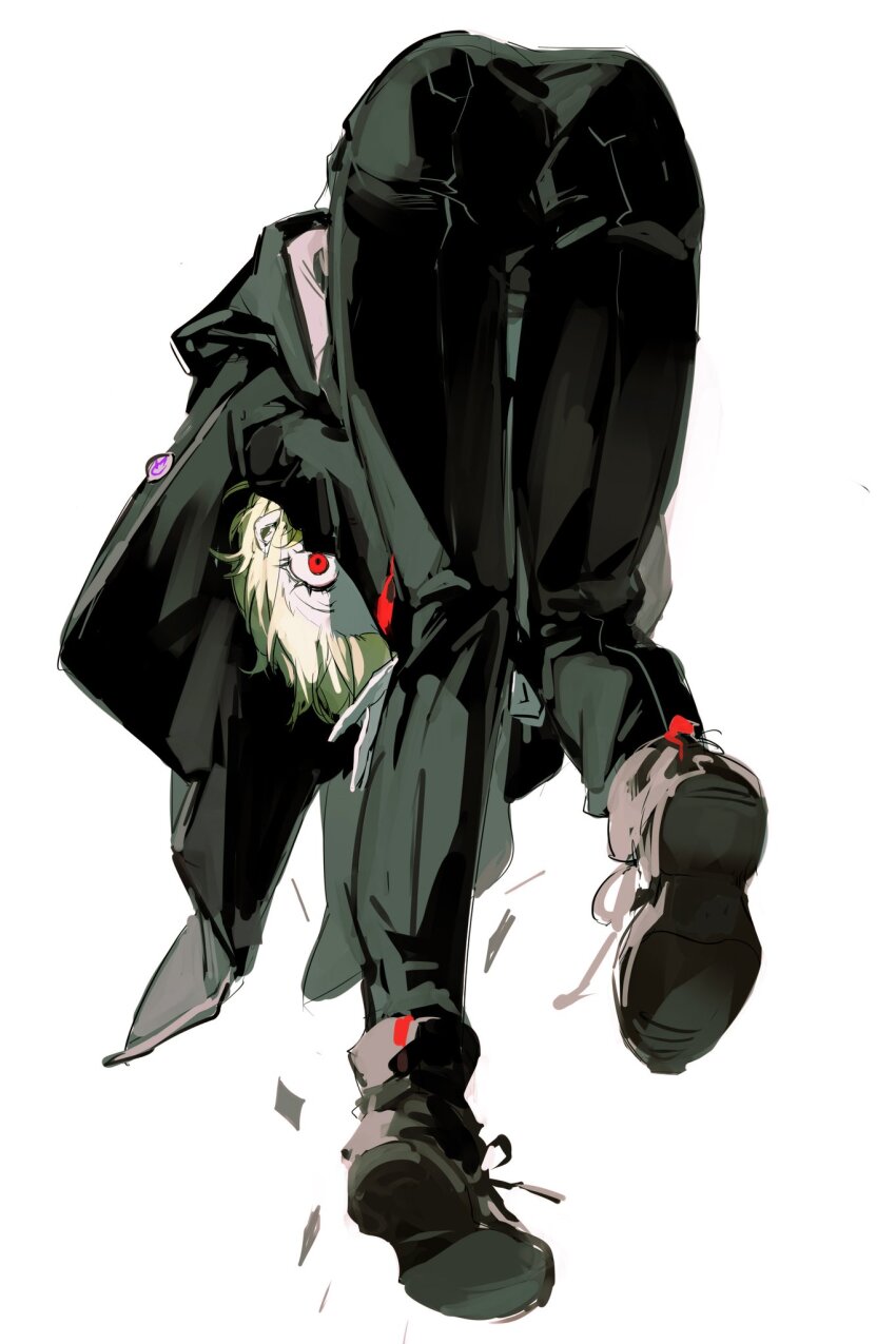 1girl, ass, black_coat, black_pants, blonde_hair, boots, brown_boots, coat, don_quixote_(project_moon), from_below, highres, leaning_forward, limbus_company, long_sleeves, looking_at_viewer, pants, project_moon, red_eyes, shirt, short_hair, solo, white-trick, white_shirt