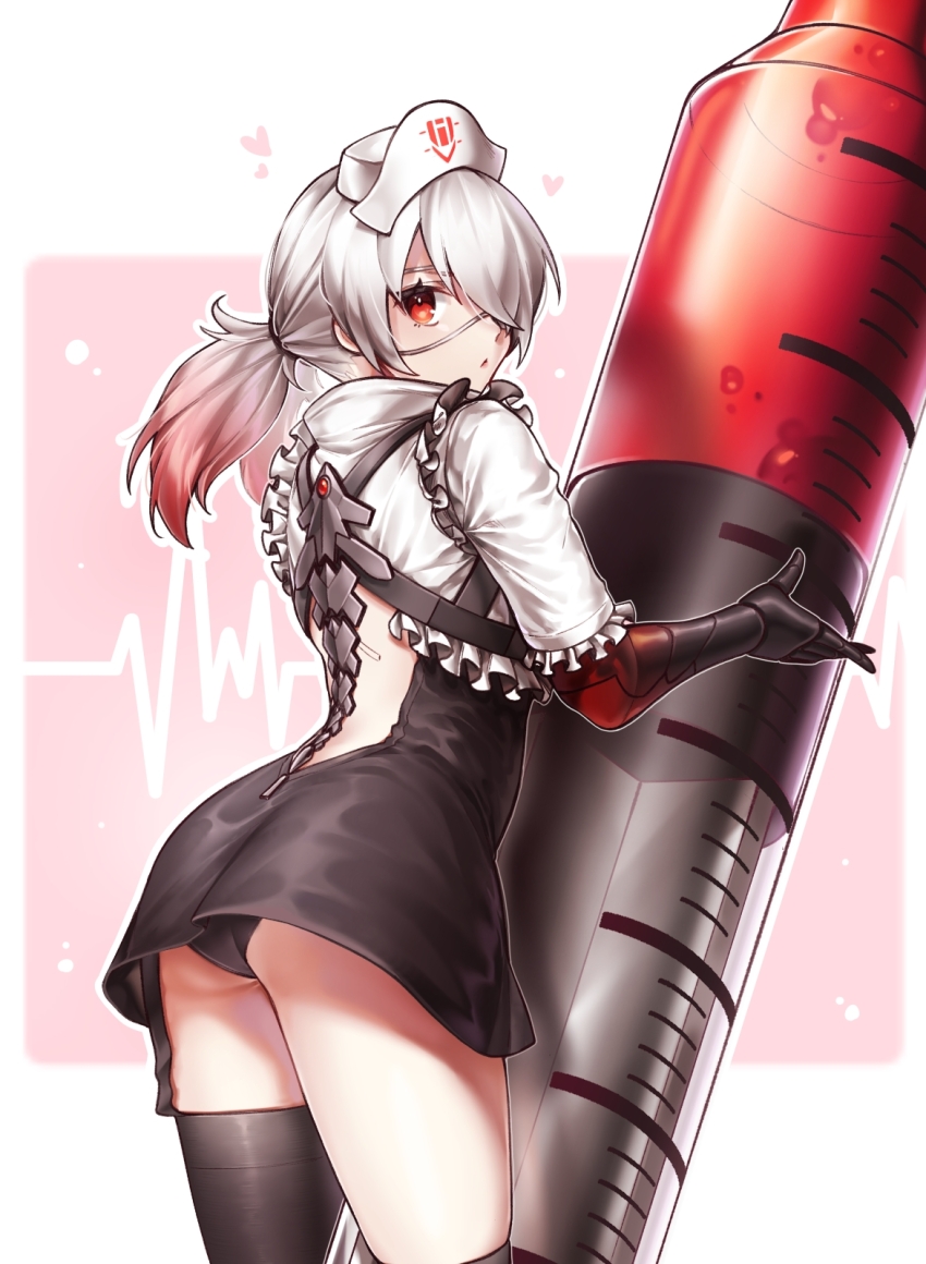 1girl, backless_dress, backless_outfit, black_dress, black_panties, black_thighhighs, blood, dress, eyepatch, from_behind, gradient_hair, grey_hair, hat, highres, karenina:_ember_(bloody_love)_(pgr), karenina:_ember_(pgr), karenina_(pgr), large_syringe, looking_back, low_twintails, mechabare, multicolored_hair, myam_(123ab456c), nurse, nurse_cap, one_eye_covered, oversized_object, panties, punishing:_gray_raven, red_eyes, red_hair, shirt, solo, syringe, thighhighs, twintails, underwear, white_shirt