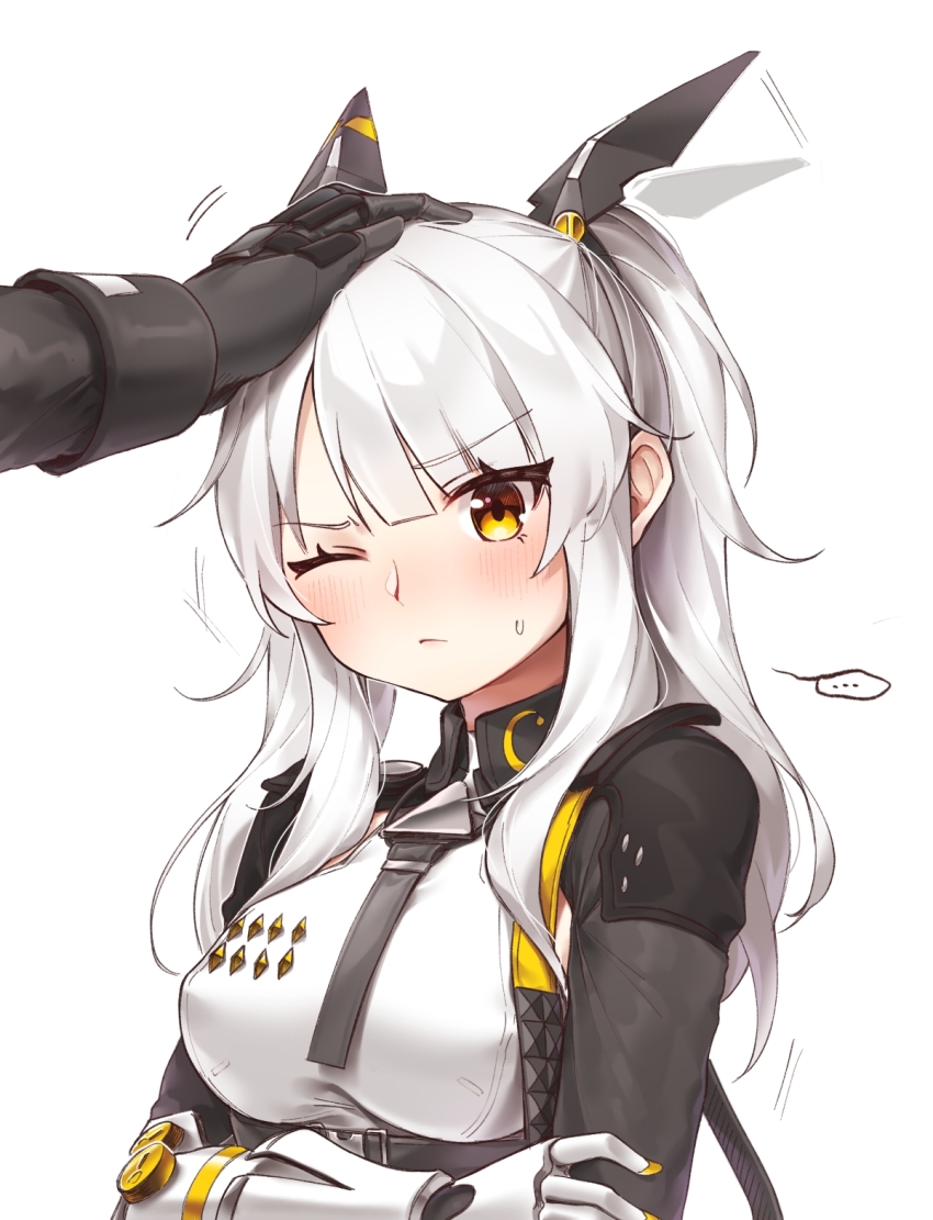 ..., 1girl, 1other, black_bodysuit, black_necktie, blush, bodysuit, breasts, closed_mouth, commandant_(pgr), grey_hair, headgear, headpat, highres, karenina:_radiant_daybreak_(punishing:_gray_raven), karenina:_scire_(pgr), karenina_(pgr), mechanical_arms, medium_breasts, myam_(123ab456c), necktie, one_eye_closed, orange_eyes, punishing:_gray_raven, sidelocks, sweatdrop, white_bodysuit