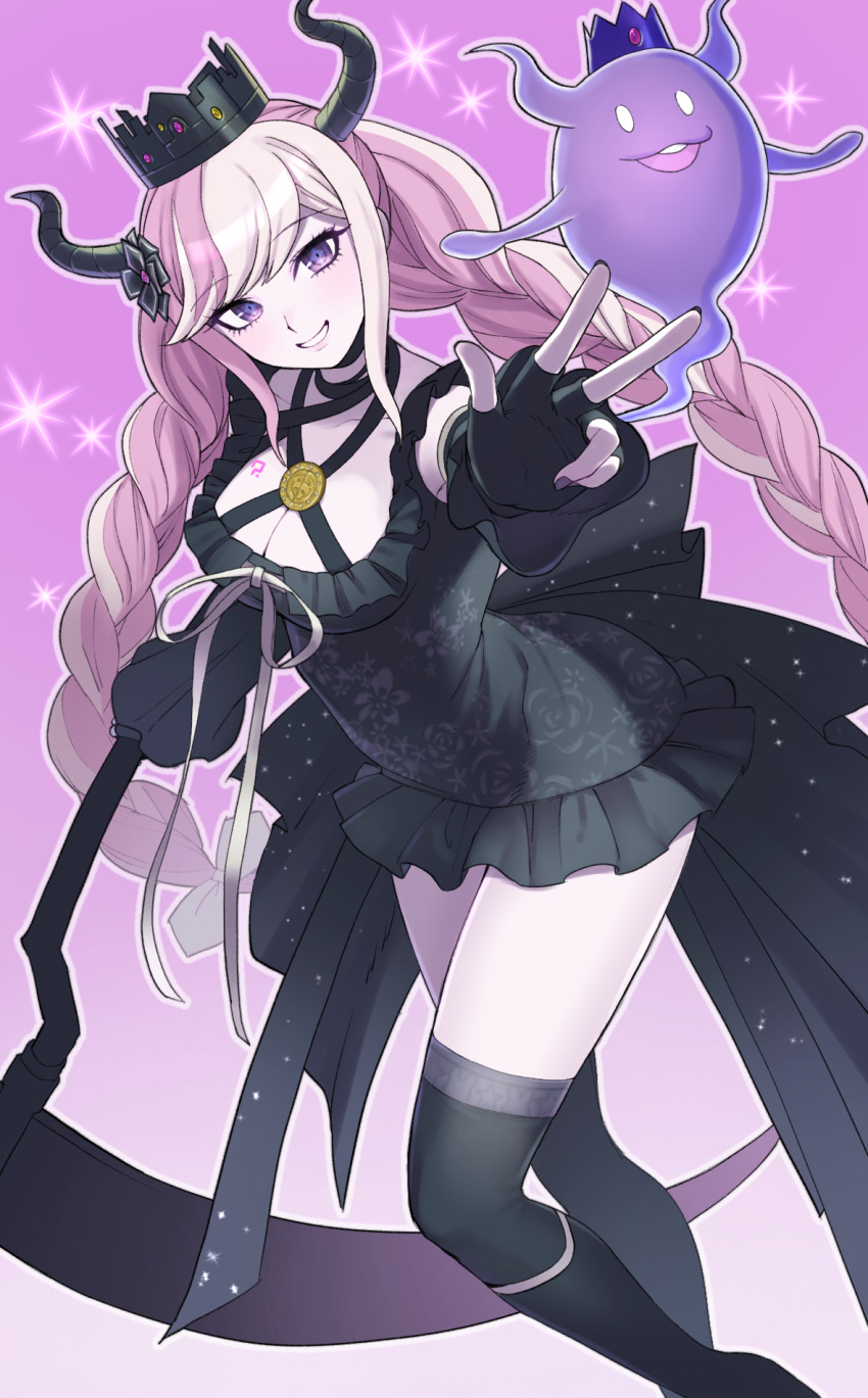 1girl, black_boots, black_dress, black_flower, black_gloves, black_horns, black_nails, black_thighhighs