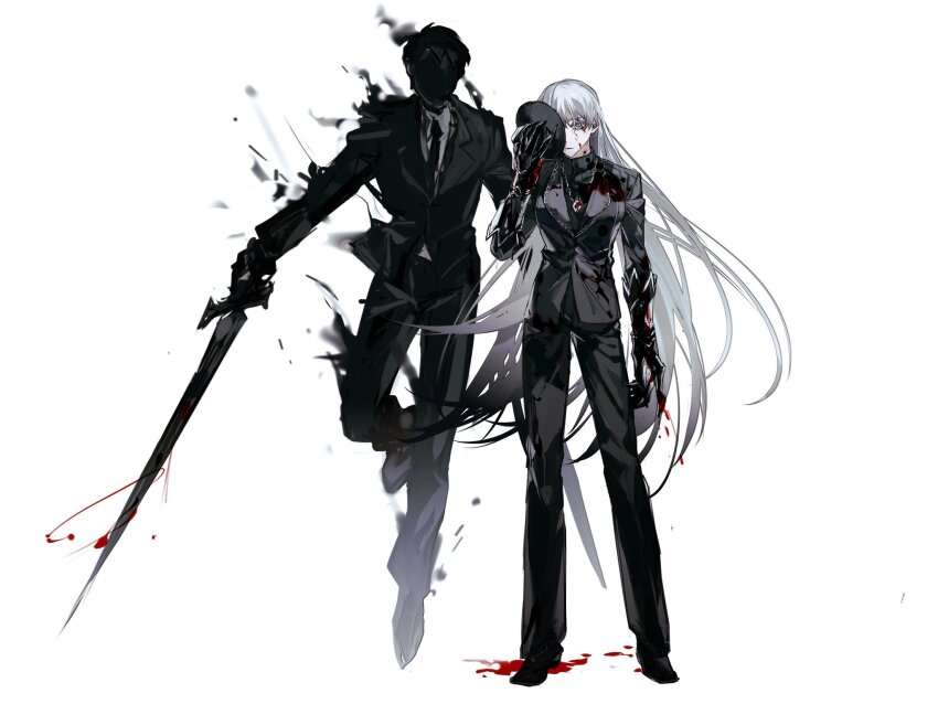 1boy, 1girl, alternate_universe, angelica_(project_moon), black_footwear, black_mask, black_necktie, black_pants, black_sweater, blood, blood_on_clothes, blood_on_face, blood_on_ground, blue_eyes, collared_shirt, floating, full_body, gauntlets, ghost, highres, holding, holding_mask, husband_and_wife, jewelry, library_of_ruina, long_hair, mask, necklace, necktie, pants, project_moon, roland_(project_moon), role_reversal, shirt, shoes, simple_background, smoke, sweater, turtleneck, turtleneck_sweater, very_long_hair, white-trick, white_background, white_hair, white_shirt, wing_collar