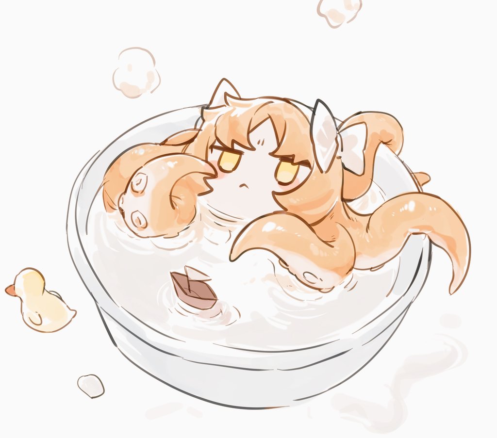 1girl, :<, blush_stickers, boat, bow, bowl, closed_mouth, hair_bow