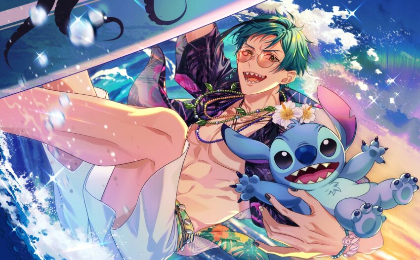 1boy, :d, abs, arm_up, bead_necklace, beads, black_hair, black_nails, black_shirt, blue_hair, bracelet, carrying, claws, cloud, collarbone, collared_shirt, commentary_request, crossover, earrings, fingernails, floral_print, flower, floyd_leech, floyd_leech_(tropical_wear), gradient_sky, hand_up, hawaiian_shirt, hibiscus, jewelry, lilo_&amp;_stitch, looking_at_viewer, multicolored_hair, nail_polish, necklace, open_clothes, open_mouth, open_shirt, orange-tinted_eyewear, parted_bangs, pectorals, print_sash, print_shirt, purple_shirt, round_eyewear, sash, sharp_teeth, shirt, short_hair, short_sleeves, shorts, sidelocks, siiisuuu, single_earring, sky, smile, sparkle, stitch_(lilo_&amp;_stitch), streaked_hair, sunglasses, sunset, surfboard, surfing, teeth, tinted_eyewear, tongue, twisted_wonderland, v-shaped_eyebrows, water, water_drop, white_flower, white_shorts