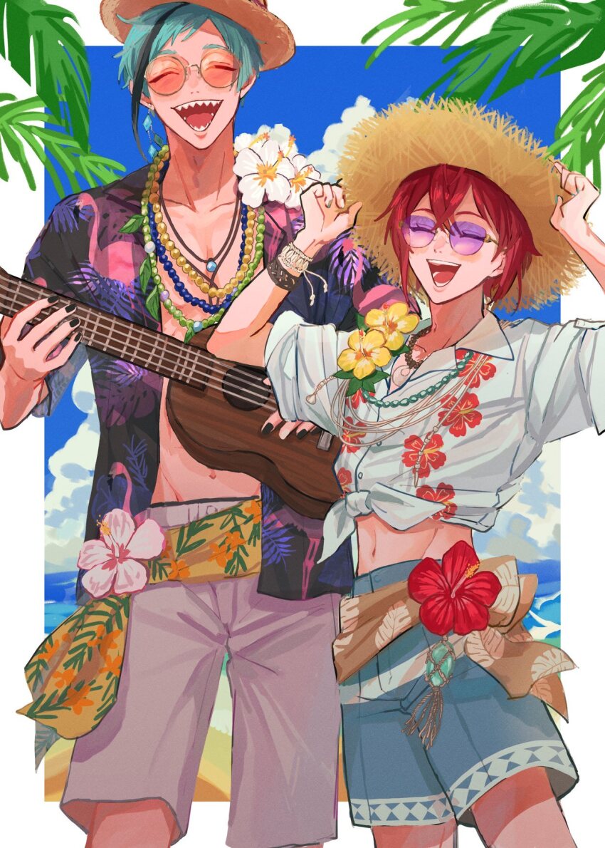 2boys, :d, ^_^, arms_up, beach, bead_necklace, beads, black_hair