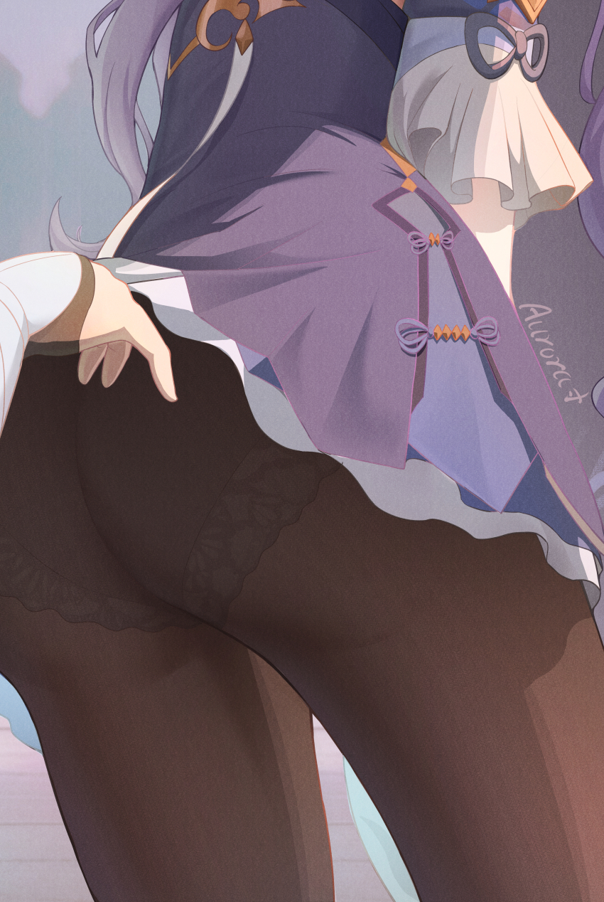 2girls, absurdres, ass, ass_focus, aurora_rokudo, clothes_lift, detached_sleeves, dress, dress_lift, from_behind, genshin_impact, head_out_of_frame, highres, keqing_(genshin_impact), long_hair, lumine_(genshin_impact), multiple_girls, panties, panties_under_pantyhose, pantyhose, purple_dress, purple_hair, short_dress, skirt, twintails, underwear, very_long_hair
