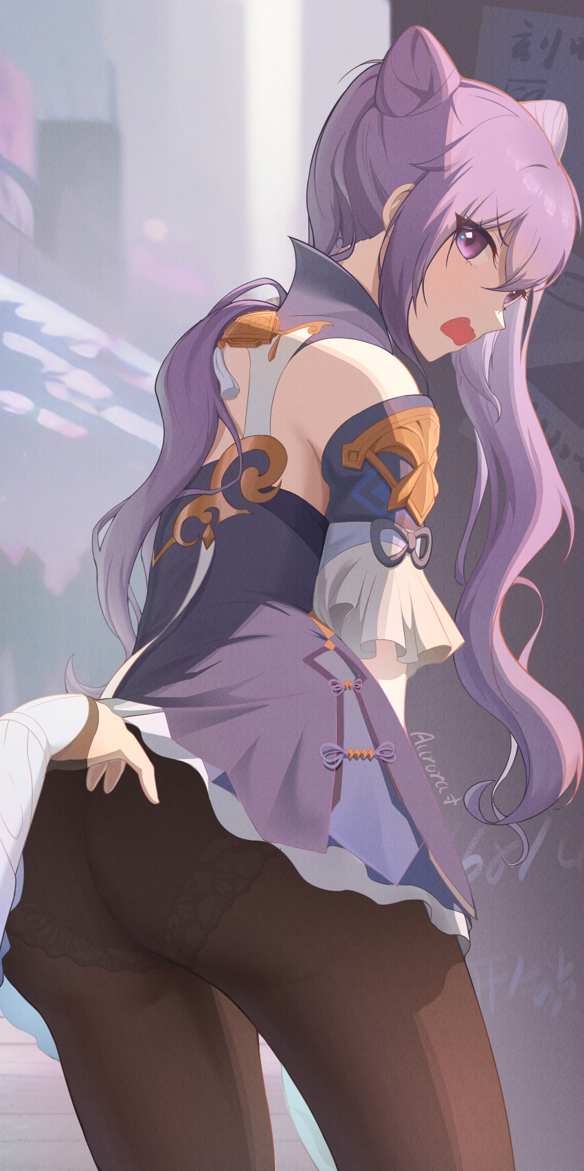 2girls, absurdres, angry, ass, aurora_rokudo, clothes_lift, detached_sleeves, dress, dress_lift, from_behind, genshin_impact, head_out_of_frame, highres, keqing_(genshin_impact), long_hair, lumine_(genshin_impact), multiple_girls, open_mouth, panties, panties_under_pantyhose, pantyhose, purple_dress, purple_eyes, purple_hair, short_dress, skirt, skirt_lift, twintails, underwear, very_long_hair