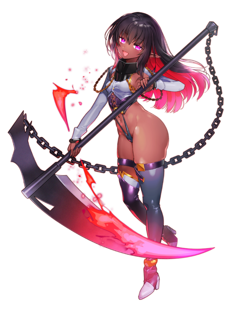 1girl, :d, black_hair, boots, breasts, chain, clothing_request, colored_inner_hair, dairoku_ryouhei, dark-skinned_female, dark_skin, full_body, holding, holding_scythe, holding_weapon, long_sleeves, looking_at_viewer, multicolored_hair, navel, open_mouth, pink_hair, pointy_ears, purple_eyes, scythe, shiropbw, small_breasts, smile, solo, thigh_boots, transparent_background, weapon