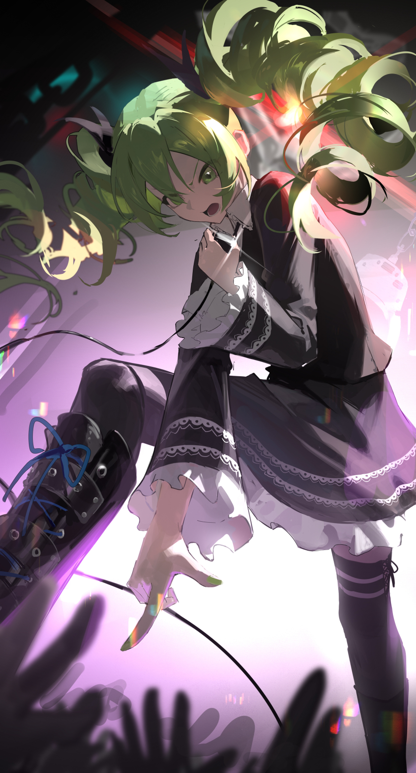 1girl, absurdres, alternate_costume, black_dress, black_footwear, black_ribbon, black_thighhighs, boots