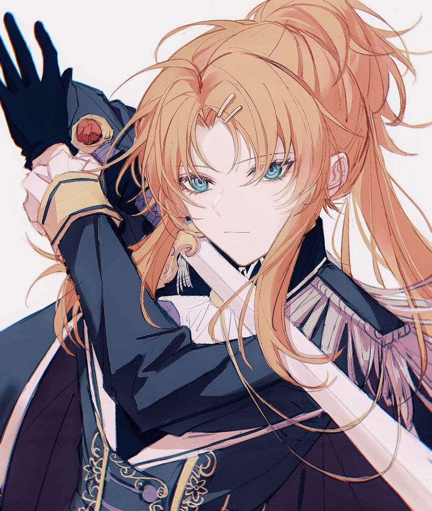 1girl, black_gloves, blonde_hair, blue_eyes, cape, epaulettes, gloves, hair_ornament