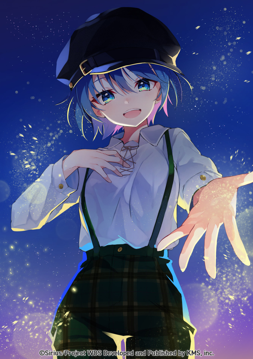 1girl, black_headwear, blue_eyes, blue_hair, green_pants, hand_on_own_chest, highres, name_(oiuio)