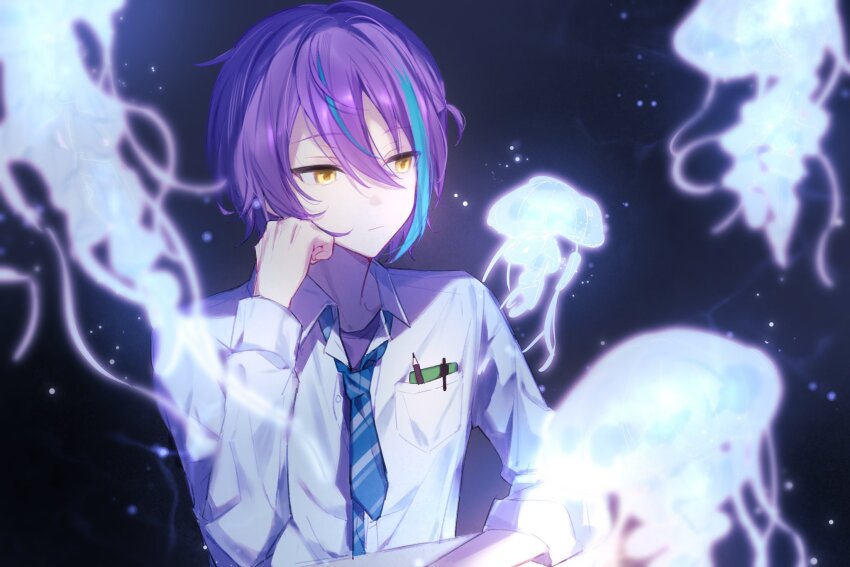 1boy, blue_necktie, closed_mouth, collared_shirt, diagonal-striped_clothes, diagonal-striped_necktie, highres, jellyfish