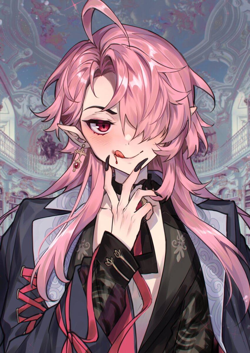 1boy, absurdres, ahoge, aster_(nu_carnival), aster_(scarlet_finesse)_(nu_carnival), bishounen, black_jacket, black_nails, black_shirt, blood, blood_on_face, blush, cross, cross_earrings, earrings, gem, hair_over_one_eye, highres, jacket, jewelry, licking_lips, long_hair, nanin, nu_carnival, official_alternate_hair_length, official_alternate_hairstyle, one_eye_covered, pink_hair, pointy_ears, red_eyes, red_gem, shirt, solo, tongue, tongue_out, vampire