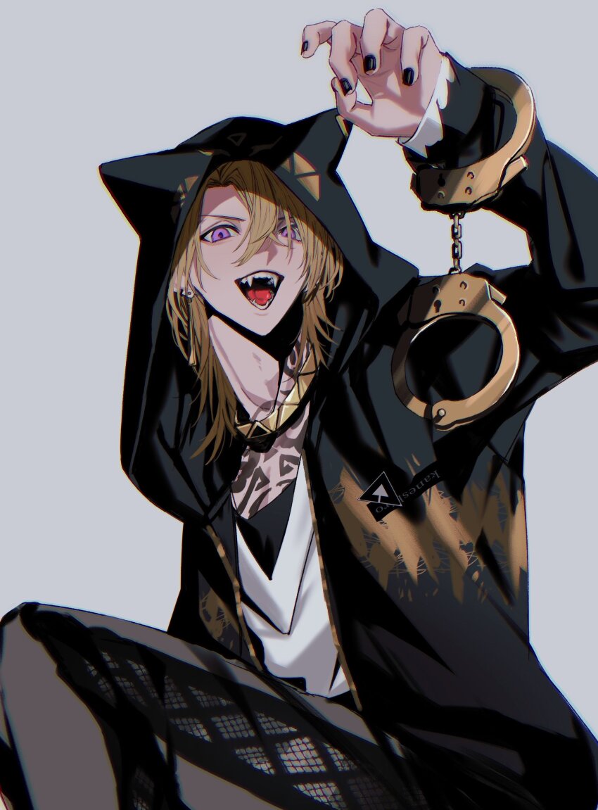 1boy, 555goo1, absurdres, animal_hood, black_nails, blonde_hair, chest_tattoo, cuffs