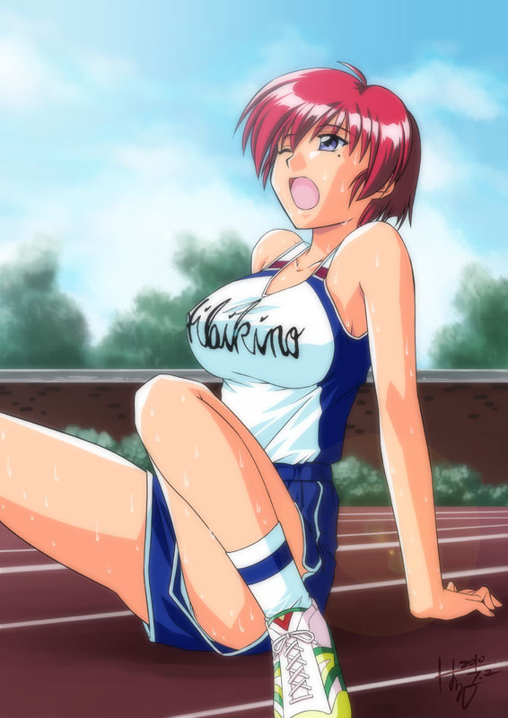 1girl, aqua_elf, arm_support, bare_shoulders, blue_eyes, blue_shorts, breasts, bush, cloud, dated, female_focus, hinomoto_hikari, large_breasts, lens_flare, mole, mole_under_eye, one_eye_closed, open_mouth, outdoors, red_hair, running_track, shoes, short_hair, shorts, signature, sitting, sky, sneakers, socks, solo, sweat, tank_top, tokimeki_memorial, tokimeki_memorial_2, track_and_field, tree, white_socks