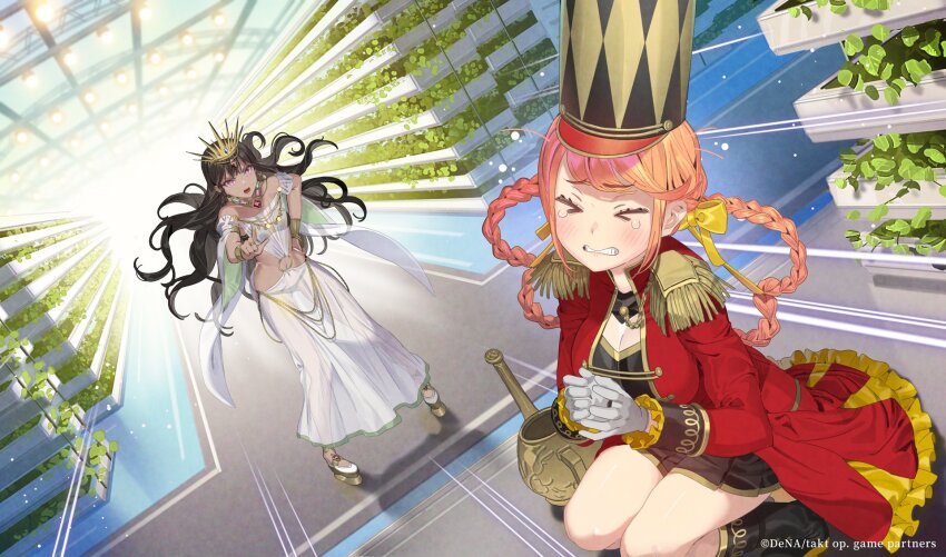 >_<, 2girls, aiguillette, belkis_(takt_op.), blunt_bangs, bow, bracelet, braid, breasts, brown_hair, buttons, cross, cross_earrings, dark-skinned_female, dark_skin, double-breasted, dress, earrings, epaulettes, full_body, gloves, hair_bow, hat, highres, jacket, jewelry, koyoi_mitsuki, long_hair, looking_at_viewer, medium_breasts, multiple_girls, navel, nutcracker_(takt_op.), official_art, orange_hair, peaked_cap, pink_eyes, red_jacket, see-through_clothes, see-through_dress, single_epaulette, standing, takt_op., tiara, twin_braids, very_long_hair, white_dress, white_gloves, yellow_bow