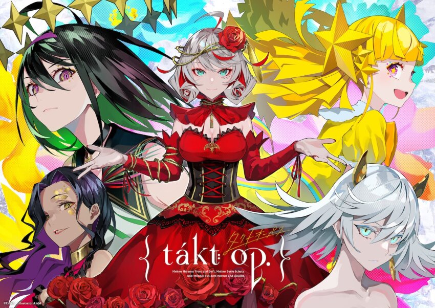 5girls, anna_schneider, aqua_eyes, bare_shoulders, black_choker, black_hair, blonde_hair, blue_eyeshadow, blunt_bangs, breasts, carmen_(takt_op.), choker, cleavage_cutout, clothing_cutout, collarbone, colored_inner_hair, corset, cross-laced_clothes, cross-laced_corset, crown_of_thorns, dark-skinned_female, dark_green_hair, dark_skin, destiny_(takt_op.), detached_sleeves, dress, earrings, eyeshadow, feather_earrings, feathers, flower, flower-trimmed_dress, green_eyes, hair_flower, hair_ornament, hairband, jewelry, jupiter_(takt_op.), jupiter_symbol, lam_(ramdayo), large_breasts, long_hair, long_sleeves, looking_at_viewer, makeup, medium_hair, multicolored_hair, multiple_girls, official_art, open_mouth, puffy_short_sleeves, puffy_sleeves, purple_eyes, purple_hairband, red_dress, red_eyeshadow, red_flower, red_hair, red_lips, red_rose, red_sleeves, rose, short_hair, short_sleeves, smile, star-shaped_pupils, star_(symbol), star_hair_ornament, star_in_eye, symbol-shaped_pupils, symbol_in_eye, takt_op., thorns, twinkle_star_(takt_op.), twintails, upper_body, walkure_(takt_op.), yellow_dress, yellow_eyes, yellow_pupils