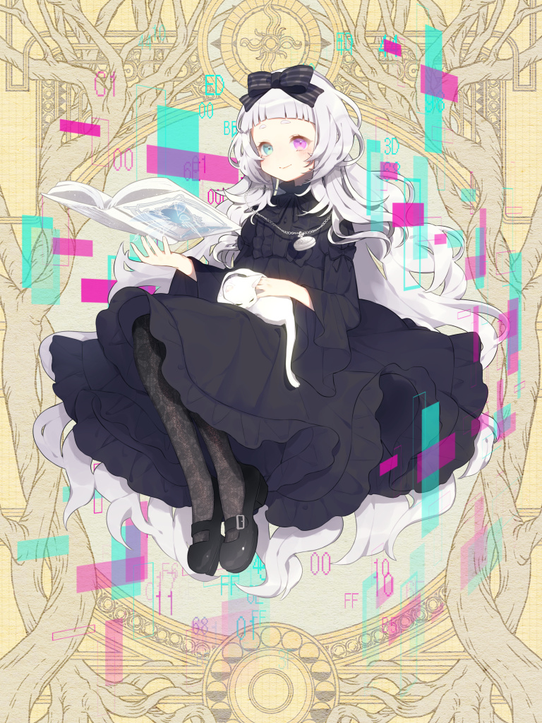 1girl, alice_snowlight, animal, animal_on_lap, black_bow, black_dress, black_footwear, black_pantyhose, blue_eyes, blunt_bangs, book, bow, cat, dairoku_ryouhei, dress, full_body, glitch, gothic_lolita, heterochromia, jewelry, locket, lolita_fashion, long_hair, looking_at_viewer, necklace, on_lap, open_book, pantyhose, pendant, purple_eyes, smile, solo, sukedji, very_long_hair, white_cat, white_hair, yellow_background