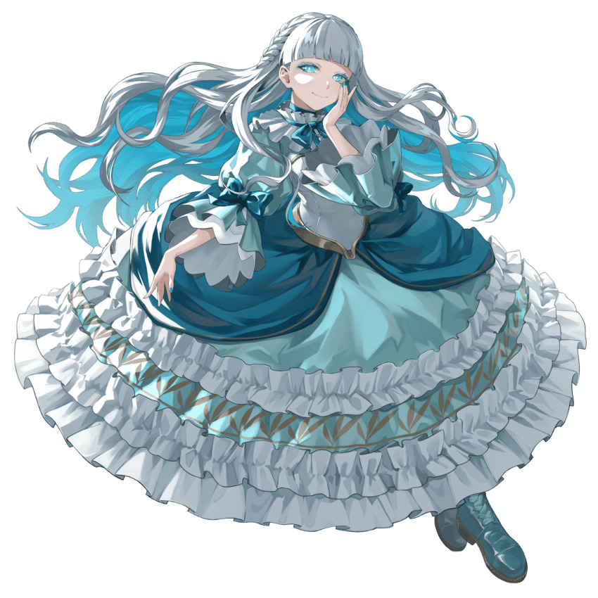 1girl, arm_up, blue_dress, blue_eyes, blue_hair, blush, canon_(takt_op.), dress, hand_up, long_hair, looking_at_viewer, multicolored_hair, official_art, simple_background, smile, takt_op., takt_op._symphony, transparent_background, two-tone_hair, very_long_hair, white_hair