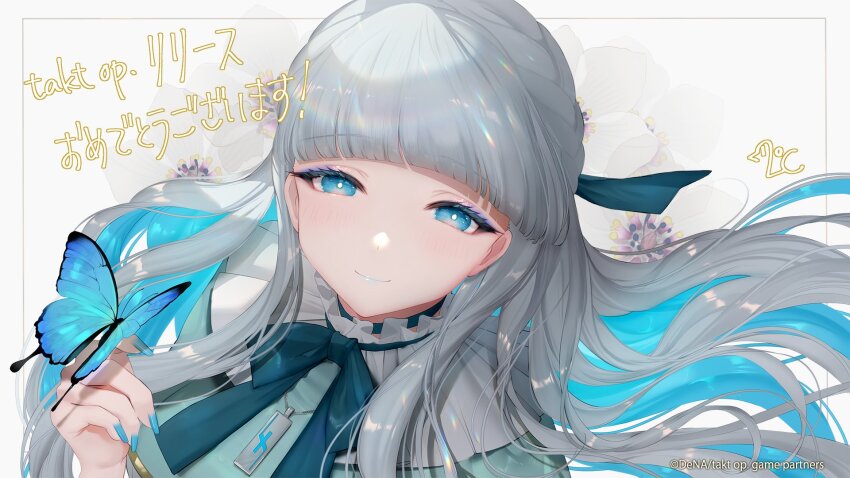 blue_dress, blue_eyes, blue_hair, blush, bug, butterfly, canon_(takt_op.), dress