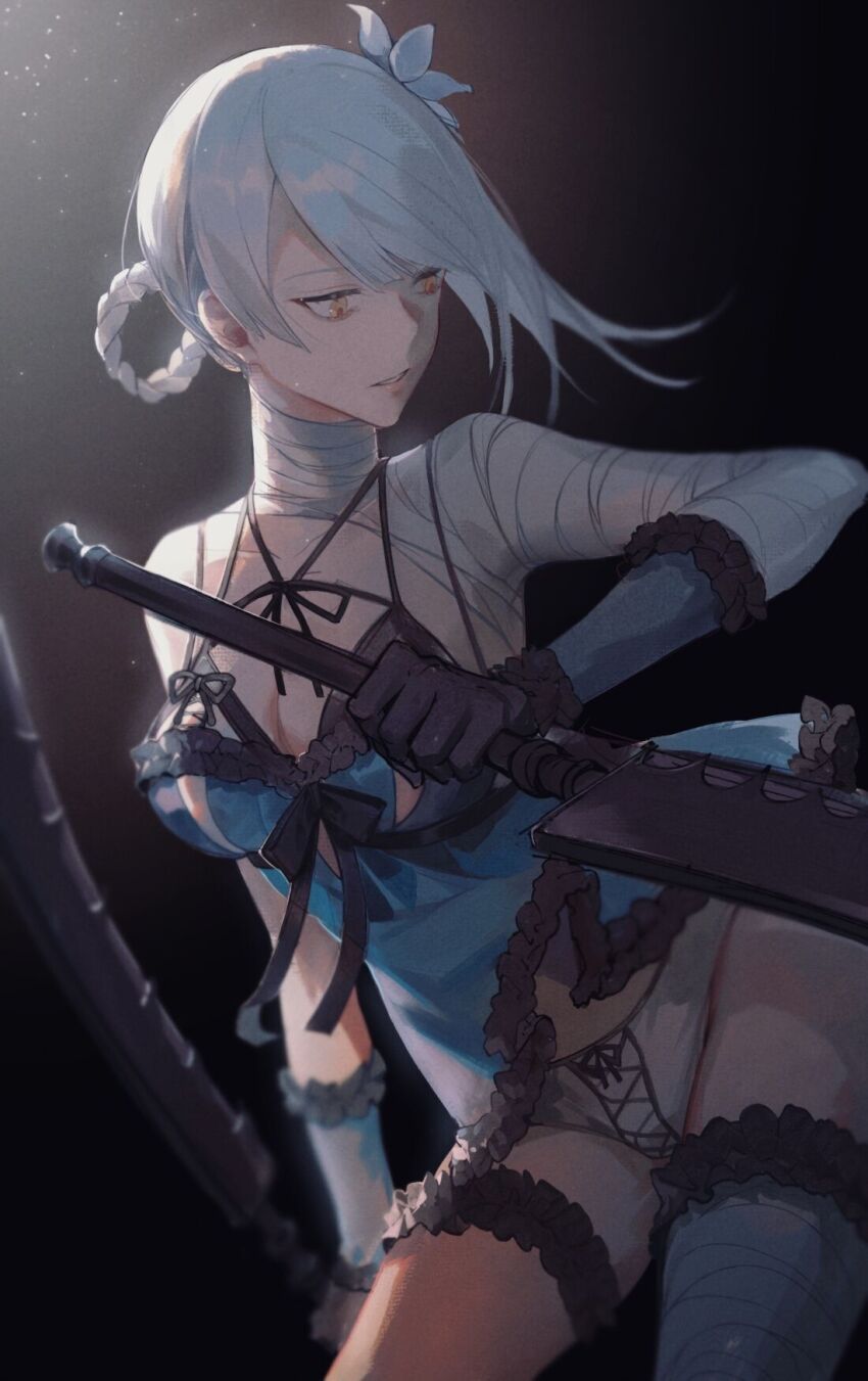 1girl, bandaged_arm, bandaged_leg, bandaged_neck, bandages, black_gloves, braid, breasts, cleavage, detached_sleeves, dual_wielding, flower, gloves, gradient_background, hair_flower, hair_ornament, highres, holding, holding_sword, holding_weapon, jagged_sword, jiemojiemo, kaine_(nier), lingerie, medium_breasts, negligee, nier, nier_(series), single_bare_shoulder, sword, thigh_strap, underwear, weapon, white_hair, yellow_eyes