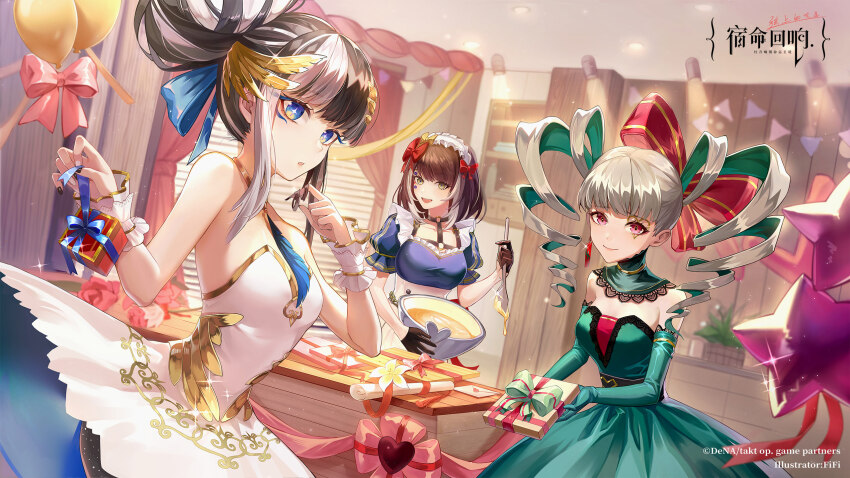 3girls, apron, black_hair, blue_eyes, brown_hair, collar, dress, fur_elise_(takt_op.)