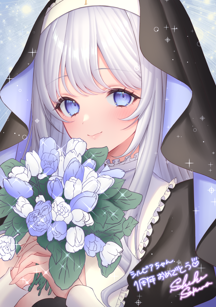 1girl, blue_eyes, blue_flower, bouquet, closed_mouth, commentary_request, flower, grey_hair