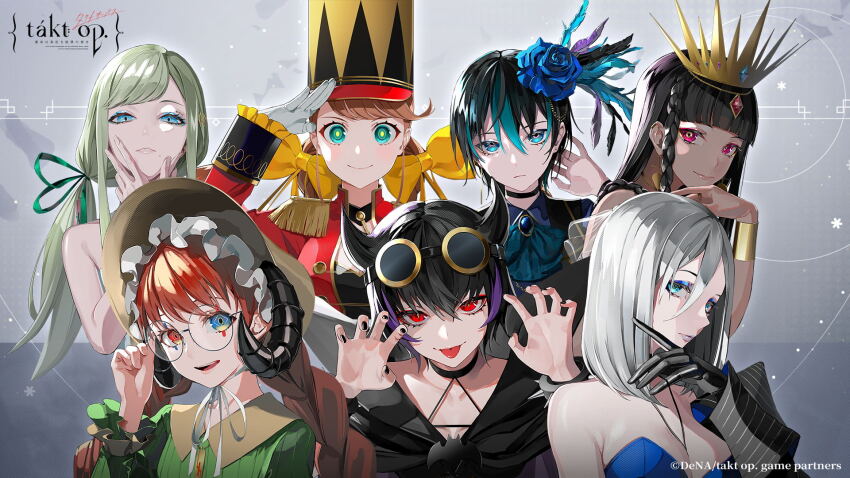 6+girls, adjusting_eyewear, aiguillette, air_on_the_g_string_(takt_op.), aqua_ascot, aqua_eyes, aqua_hair, ascot, bare_shoulders, belkis_(takt_op.), black_choker, black_hair, black_horns, black_vest, blue_ascot, blue_eyes, blue_flower, blue_gem, blue_rose, blunt_bangs, bolero_(takt_op.), bow, bracelet, braid, breasts, brown_hair, buttons, choker, claw_pose, curled_horns, daphnis_and_chloe_(takt_op.), dark-skinned_female, dark_skin, demon_horns, die_fledermaus_(takt_op.), double-breasted, earrings, epaulettes, eyebrow_piercing, eyeshadow, face_piercing, feather_hair_ornament, feathers, flower, gem, gloves, green_eyes, green_ribbon, grey_hair, hair_bow, hair_ornament, hair_ribbon, hat, heterochromia, highres, horns, jacket, jewelry, juliet_sleeves, lam_(ramdayo), light_green_hair, long_hair, long_sleeves, looking_at_viewer, low_twin_braids, makeup, medium_breasts, mole, mole_under_mouth, moonlight_(takt_op.), multicolored_hair, multiple_girls, nail_polish, nutcracker_(takt_op.), official_art, orange_hair, parted_lips, peaked_cap, piercing, puffy_sleeves, purple_hair, red_eyes, red_jacket, ribbon, rose, round_eyewear, short_hair, small_breasts, smile, streaked_hair, stud_earrings, takt_op., tiara, twin_braids, very_long_hair, vest, white_gloves, yellow_bow