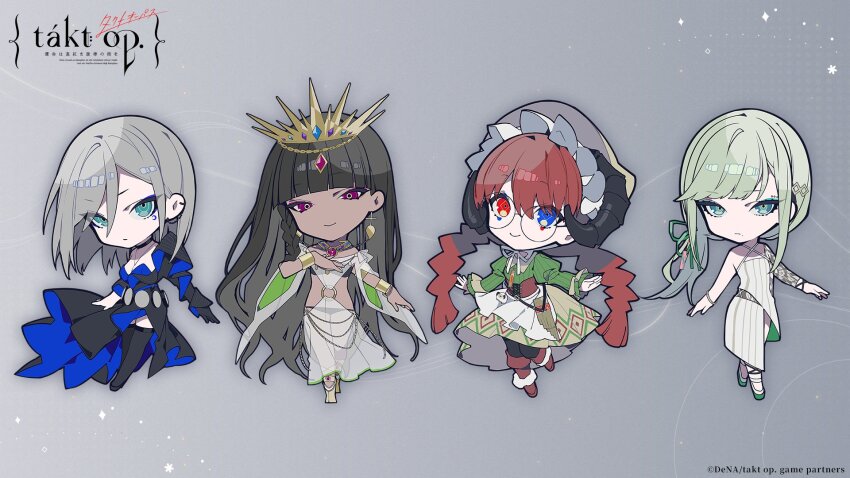 air_on_the_g_string_(takt_op.), aqua_eyes, asymmetrical_sleeves, bare_shoulders, belkis_(takt_op.), black_bra, black_dress, black_horns, black_panties, blue_dress, blue_eyes, blunt_bangs, bra, bracelet, braid, brown_corset, brown_hair, chibi, corset, cross, cross-laced_clothes, cross-laced_corset, cross_earrings, curled_horns, daphnis_and_chloe_(takt_op.), dark-skinned_female, dark_skin, demon_horns, dress, earrings, eyebrow_piercing, eyeliner, face_piercing, green_ribbon, grey_hair, hair_ornament, hairclip, heterochromia, highres, horns, jewelry, juliet_sleeves, light_green_hair, long_hair, long_sleeves, looking_at_viewer, low_twin_braids, makeup, mochizuki_kei, mole, mole_under_mouth, moonlight_(takt_op.), navel, official_art, panties, piercing, pink_eyes, puffy_sleeves, red_eyes, ribbon, round_eyewear, see-through_clothes, see-through_dress, short_hair, smile, stomach, striped_clothes, striped_dress, takt_op., tiara, twin_braids, two-tone_dress, underwear, vertical-striped_clothes, vertical-striped_dress, very_long_hair, white_dress