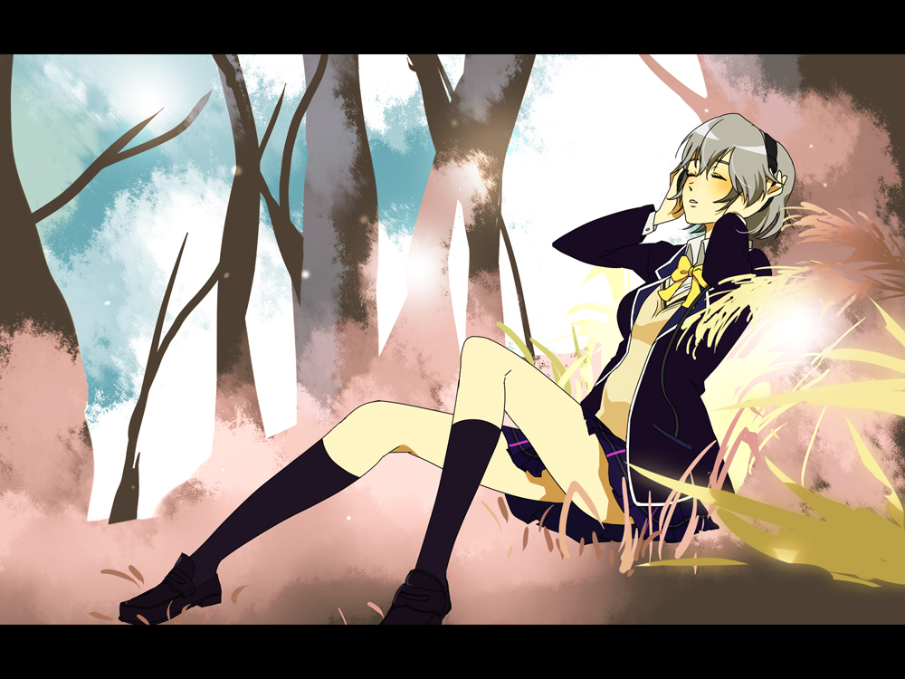 1girl, blazer, brown_hair, closed_eyes, female_focus, grey_hair, headphones, jacket