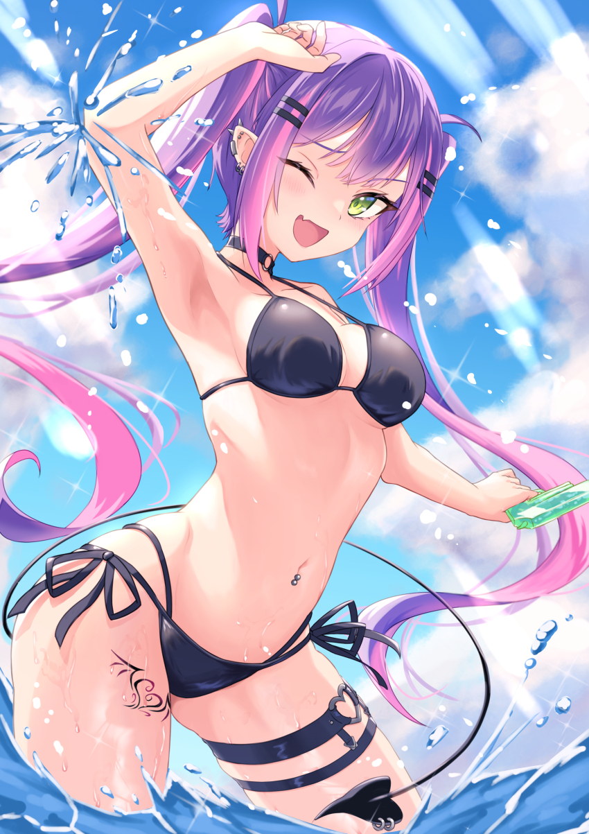 1girl, absurdres, armpits, bare_shoulders, bikini, black_choker, blush, breasts, choker, cleavage, collarbone, colored_inner_hair, demon_tail, ear_piercing, fang, green_eyes, hair_ornament, hairclip, highres, hololive, long_hair, looking_at_viewer, medium_breasts, multicolored_hair, navel, navel_piercing, nushiya_(ayihsem), o-ring, o-ring_choker, open_mouth, piercing, pink_hair, purple_hair, side-tie_bikini_bottom, skin_fang, smile, solo, streaked_hair, swimsuit, tail, tail_ornament, tail_piercing, tokoyami_towa, twintails, virtual_youtuber