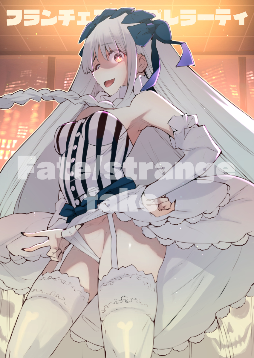 1girl, absurdres, bare_shoulders, black_bow, black_hair, blush, bow, braid, breasts, buttons, copyright_name, detached_sleeves, dress, fate/strange_fake, fate_(series), francesca_prelati_(fate), garter_straps, glowing, glowing_eyes, grey_dress, hair_bow, hairband, highres, kojima_takeshi, long_hair, looking_at_viewer, medium_breasts, open_mouth, orange_eyes, panties, parted_bangs, showgirl_skirt, sidelocks, smile, solo, striped_clothes, striped_dress, thighhighs, thighs, translation_request, twin_braids, two-tone_dress, underwear, vertical-striped_clothes, vertical-striped_dress, white_dress, white_hair, white_panties, white_thighhighs