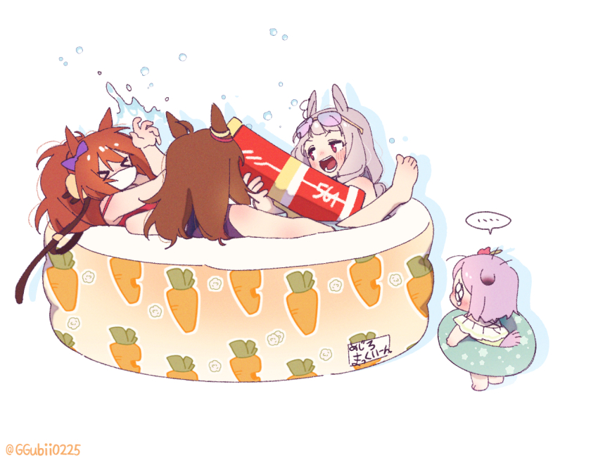 >_<, ..., 4girls, aged_down, animal_ears, ass-to-mouth, barefoot, blush, bow, brown_hair, chibi, child, ear_bow, eyewear_on_head, ggubii0225, gold_ship_(run_revolt_launcher)_(umamusume), gold_ship_(umamusume), grey_hair, horse_ears, horse_girl, horse_tail, innertube, long_hair, mejiro_mcqueen_(ripple_fairlady)_(umamusume), mejiro_mcqueen_(umamusume), multiple_girls, nakayama_festa_(entrust_myself_to_the_dice)_(umamusume), nakayama_festa_(umamusume), open_mouth, orfevre_(old_design)_(umamusume), purple_hair, red_eyes, simple_background, smile, spoken_ellipsis, sunglasses, swim_ring, swimsuit, tail, tearing_up, twitter_username, umamusume, wading_pool, water, water_gun, white_background