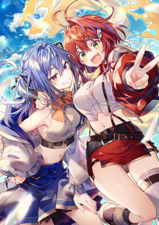 2girls, ahoge, akane_canna, akane_canna_(1st_costume), belt, black_belt, blue_hair, blue_ribbon, blue_skirt, boots, bow, bowtie, breasts, brooch, button_gap, cleavage, cloud, crop_top, fur-trimmed_boots, fur_trim, green_eyes, hair_between_eyes, hair_ribbon, hand_around_neck, jacket, jewelry, large_breasts, medium_breasts, multiple_girls, nanashi_inc., navel, off_shoulder, open_clothes, open_jacket, open_mouth, orange_bow, orange_bowtie, purple_eyes, red_hair, red_jacket, red_skirt, ribbon, riichu, shirt, single_thighhigh, skirt, sky, smile, striped_clothes, striped_shirt, suzumi_nemo, suzumi_nemo_(1st_costume), thighhighs, twitter_username, v, vertical-striped_clothes, vertical-striped_shirt, virtual_youtuber, white_shirt, white_thighhighs, zipper_pull_tab