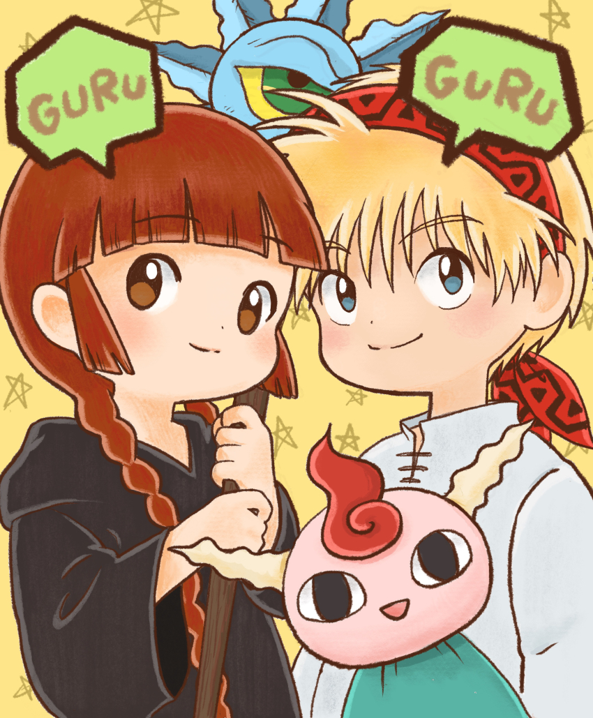 1boy, 1girl, absurdres, black_robe, blonde_hair, blue_eyes, blush, braid