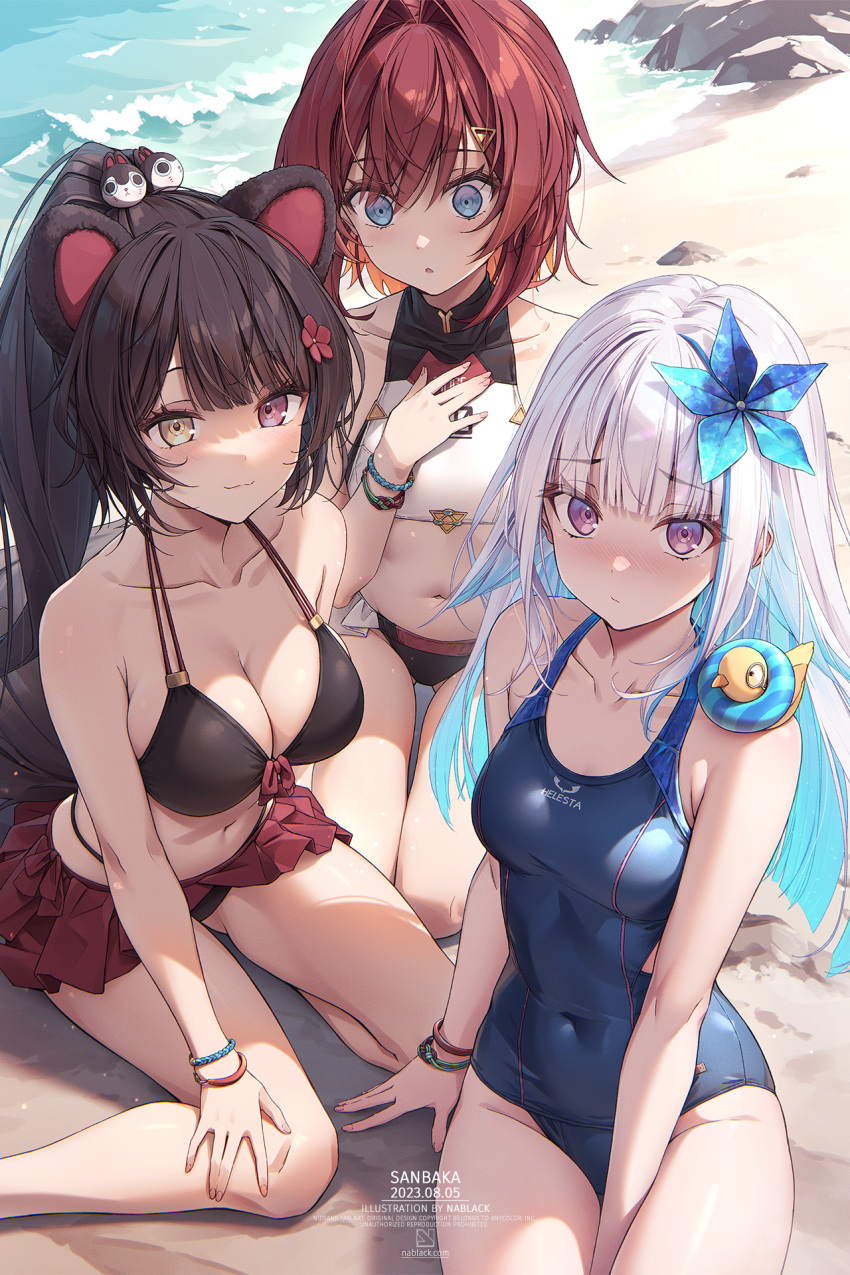 3girls, ange_katrina, animal_ears, bare_arms, bare_shoulders, beach, bead_bracelet, beads, bikini, bikini_skirt, black_bikini, black_hair, blue_eyes, blue_hair, blue_one-piece_swimsuit, bracelet, breasts, cleavage, closed_mouth, collarbone, colored_inner_hair, covered_navel, dog_ears, flower, front-tie_bikini_top, front-tie_top, hair_flower, hair_ornament, halterneck, hand_on_own_chest, hand_on_own_knee, heterochromia, highres, inui_toko, jewelry, kuro-kun_(nablack), large_breasts, lize_helesta, long_hair, looking_at_viewer, medium_breasts, multi-strapped_bikini, multicolored_hair, multiple_girls, navel, nijisanji, one-piece_swimsuit, ponytail, purple_eyes, red_eyes, red_hair, sanbaka_(nijisanji), sebastian_piyodore, short_hair, smile, stomach, streaked_hair, string_bikini, swimsuit, thighs, two-tone_hair, very_long_hair, virtual_youtuber, white_hair, yellow_eyes