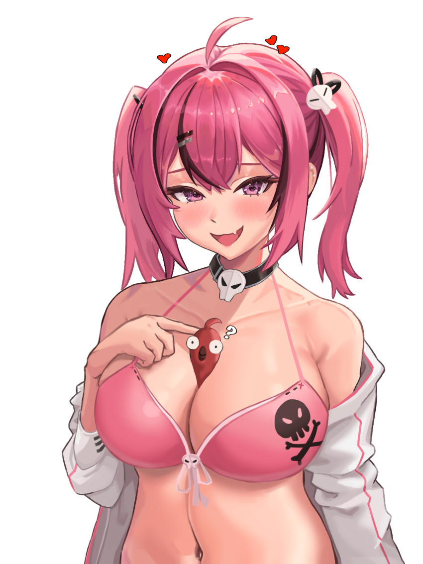 1girl, 1other, :d, ?, ahoge, animal_between_breasts, bare_shoulders, between_breasts