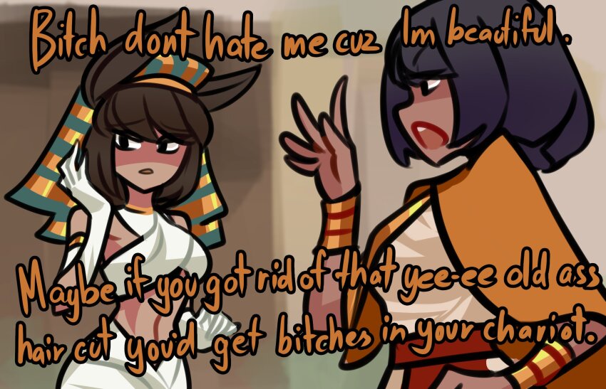 2girls, ancient_egyptian_clothes, animal_ears, anubite_(centurii-chan), black_eyes, black_hair, blurry, blurry_background