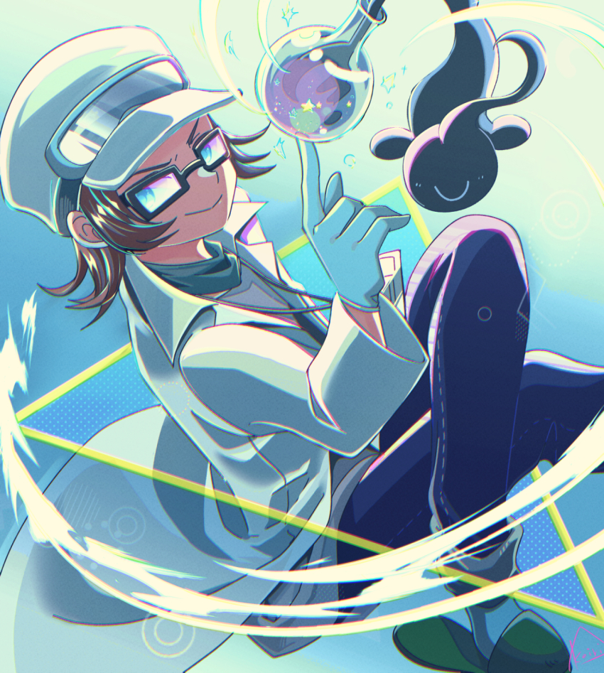 1boy, bemani, black-framed_eyewear, blue_gloves, blue_pants, brown_hair, newsboy_cap, closed_mouth