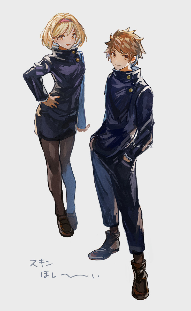 1boy, 1girl, black_jacket, black_pants, black_skirt, blonde_hair, brown_eyes, brown_hair, cosplay, djeeta_(granblue_fantasy), gran_(granblue_fantasy), granblue_fantasy, hairband, hand_on_own_hip, hands_in_pockets, high_collar, highres, itadori_yuji_(cosplay), itadori_yuji, jacket, jhm_xyz, jujutsu_kaisen, kugisaki_nobara, kugisaki_nobara_(cosplay), pants, pink_hairband, short_hair, simple_background, skirt, smile, translation_request, twitter_username, white_background