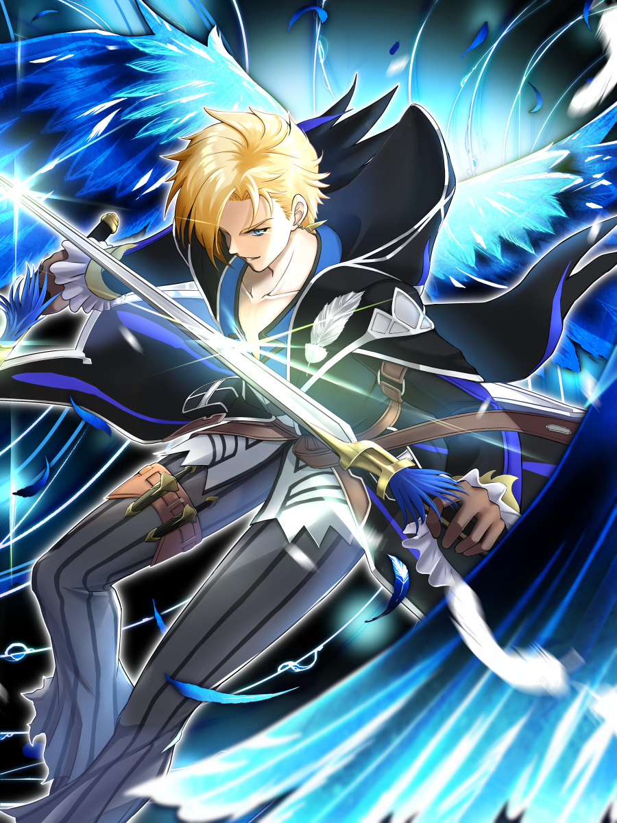 1boy, bell-bottoms, blonde_hair, blue_eyes, chiga_akira, dual_wielding, feathered_wings, feathers