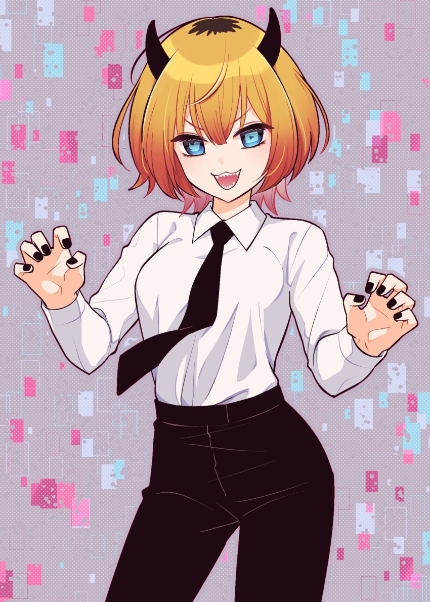 1girl, :3, black_nails, black_necktie, black_pants, blonde_hair, blue_eyes, breasts