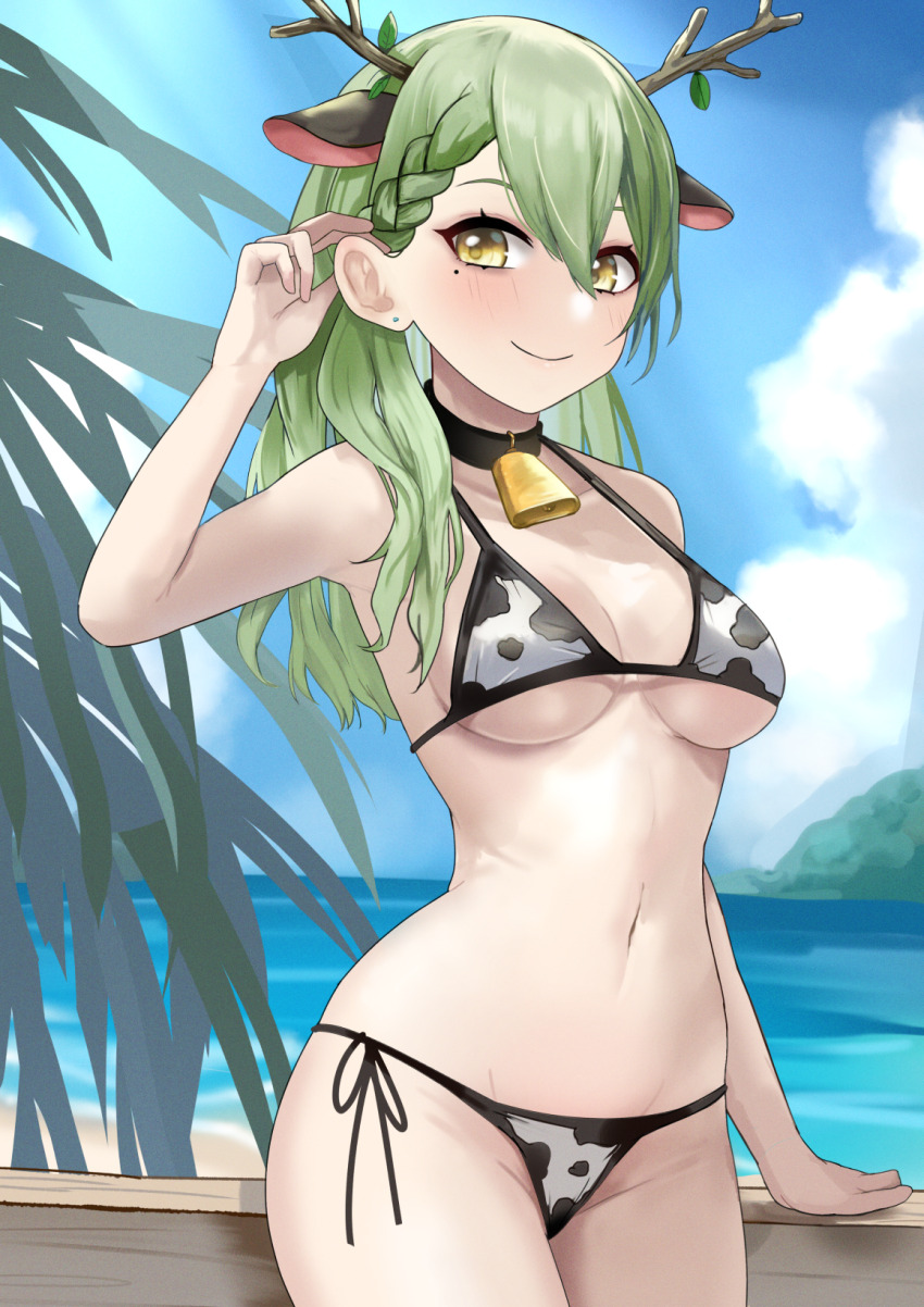 1girl, animal_ears, animal_print, antlers, bell, bikini, black_choker, blue_sky, branch, breasts, ceres_fauna, choker, closed_mouth, cloud, commentary, cow_ears, cow_print, cow_print_bikini, cowbell, day, earrings, english_commentary, green_hair, hand_up, highres, hololive, hololive_english, horns, jewelry, large_breasts, leaf, mole, mole_under_eye, neck_bell, numaduke, ocean, print_bikini, sky, smile, solo, stud_earrings, swimsuit, virtual_youtuber, yellow_eyes