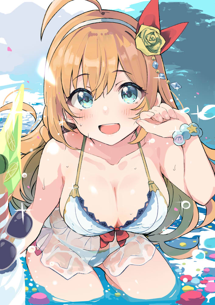 1girl, :d, ahoge, aqua_eyes, bead_bracelet, beads, bikini, bracelet, breasts, commentary_request, flower, hair_flower, hair_ornament, hairband, ito_ryo, jewelry, large_breasts, long_hair, looking_at_viewer, official_alternate_costume, open_mouth, orange_hair, partially_submerged, pecorine_(princess_connect!), pecorine_(summer)_(princess_connect!), princess_connect!, rose, smile, solo, sunglasses, swimsuit, water, white_bikini, white_hairband, yellow_flower, yellow_rose
