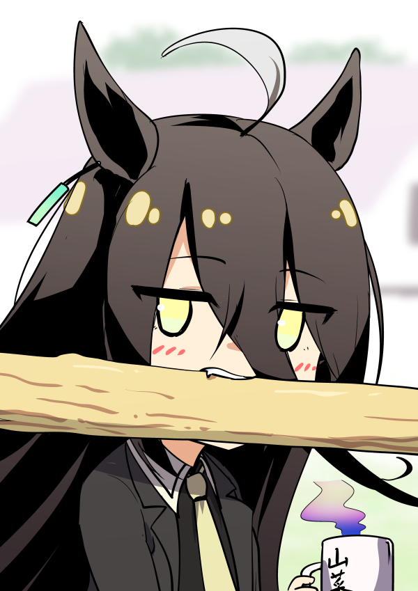 1girl, ahoge, animal_ears, biting, black_hair, black_jacket, black_shirt, collared_shirt, cup, disposable_cup, ear_piercing, earrings, fence, hair_between_eyes, holding, holding_cup, horse_ears, horse_girl, hoxutixu, jacket, jewelry, jitome, long_bangs, long_hair, looking_at_viewer, manhattan_cafe_(umamusume), mug, multicolored_hair, necktie, photo-referenced, piercing, real_life, shirt, single_earring, solo, sunday_silence_(racehorse), umamusume, upper_body, white_hair, yellow_eyes, yellow_necktie