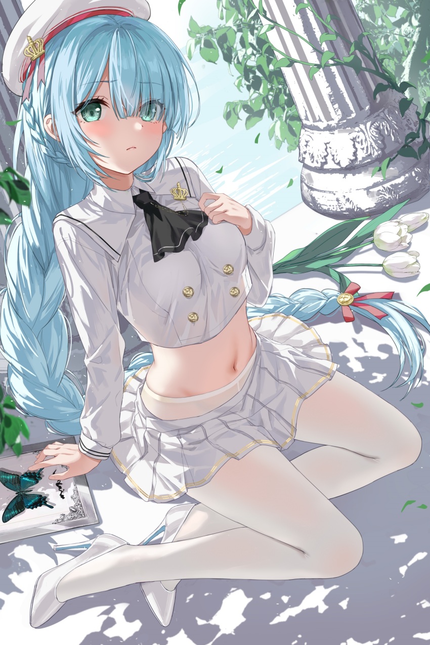 1girl, absurdres, arm_support, ascot, azur_lane, beret, black_ascot, blue_hair, braid, breasts, bug, butterfly, buttons, closed_mouth, crop_top, crop_top_overhang, devil_heavens, dutch_angle, eyes_visible_through_hair, flower, green_eyes, hair_ribbon, hand_on_own_chest, hand_up, hat, high_heels, highres, insect, janus_(azur_lane), janus_(fear_of_changing...clothes)_(azur_lane), legs, long_hair, long_sleeves, looking_at_viewer, medium_breasts, midriff, miniskirt, navel, official_alternate_costume, pantyhose, patent_heels, pillar, plant, pleated_skirt, pumps, ribbon, sailor_collar, school_uniform, see-through_silhouette, shirt, shoes, single_braid, sitting, skirt, solo, stiletto_heels, stomach, thighs, tulip, very_long_hair, white_flower, white_hat, white_pantyhose, white_shirt, white_shoes, white_skirt, white_tulip, yokozuwari